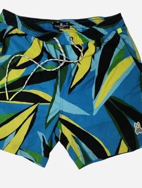 Psycho‎ Bunny Men’s Grey & Neon Green Logo Swim Trunks Size Small EUC